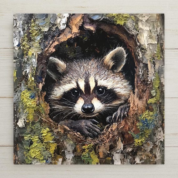 Rustic Raccoon Ceramic Tile Art: Woodland Animal Wall Decor