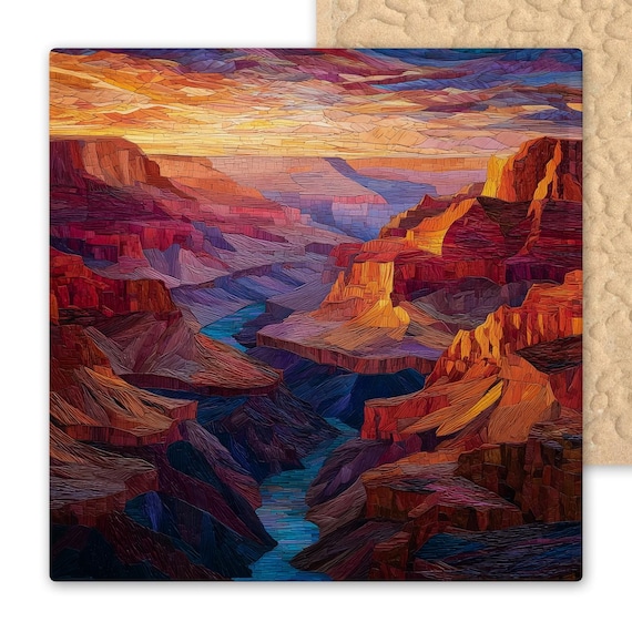 Grand Canyon River Stained Glass Style Tile Art – Ceramic Wall Art National Park Landscape Sunset Home Decor Gift for Nature Lovers