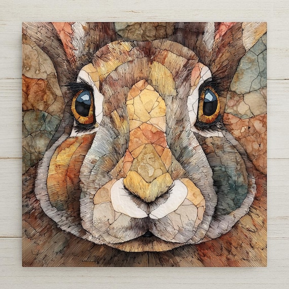 Art Nouveau Rabbit Ceramic Tile Woodland Animal Wall Art Stained Glass Nature Inspired Home Decor Rustic Cottage Accent Decorative Tile