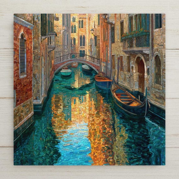 Venice Canal Ceramic Tile Wall Art – Stained Glass Style Venetian Gondola Scene, Italy Travel Decor, Romantic European Home Wall Decor