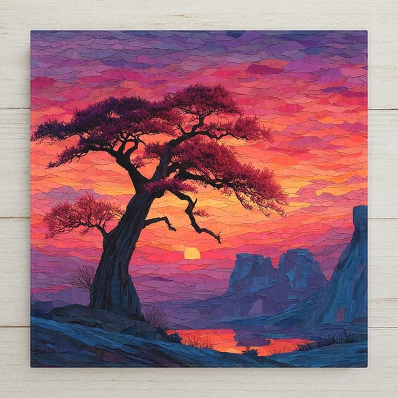 Baobab Tree African Sunset Wall Art Ceramic Tile Stained Glass Style Safari Gift Nature Landscape Decor