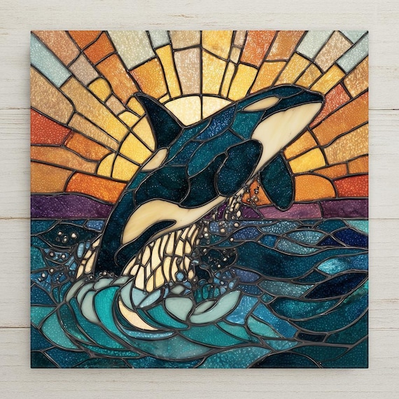Orca Whale Wall Art Ceramic Tile – Stained Glass Coastal Sunset Decor, Killer Whale Ocean Home Decor