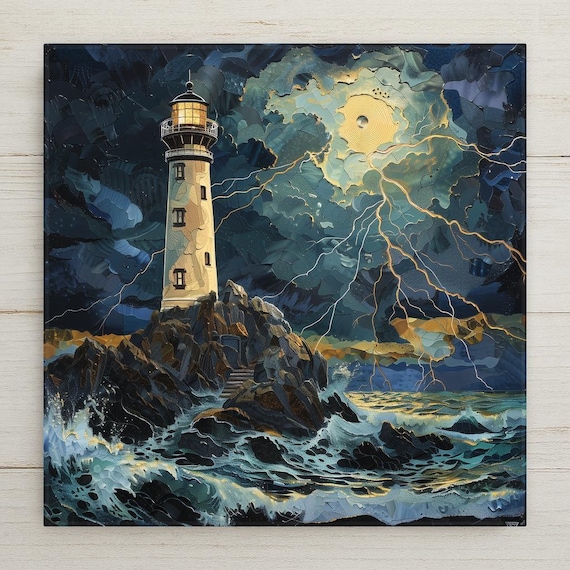 Storm Lighthouse Wall Art Ceramic Tile – Dramatic Coastal Decor – Moody Nautical Home Decor – Beach House Ocean Art