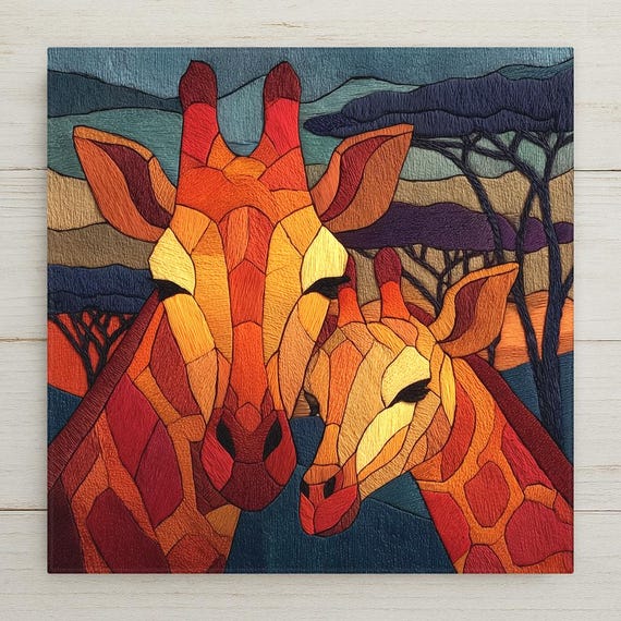 Giraffe Mother Calf Wall Art Ceramic Tile Stained Glass Style Safari Gift African Wildlife Decor Art