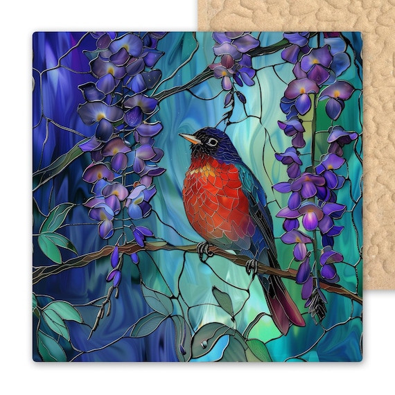 Vibrant Red Robin Ceramic Tile Art: Stained Glass Style Wall Decor with Purple Wisteria Garden Scene
