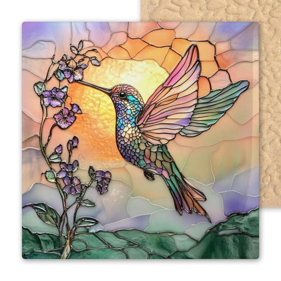Vibrant Hummingbird Ceramic Tile: Stained Glass Inspired Wall Art for Nature Enthusiasts