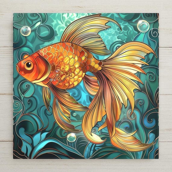 Hand-Painted Goldfish Ceramic Wall Tile - Boho Aquatic Bathroom Decor - Fish Scale Art Home Accent