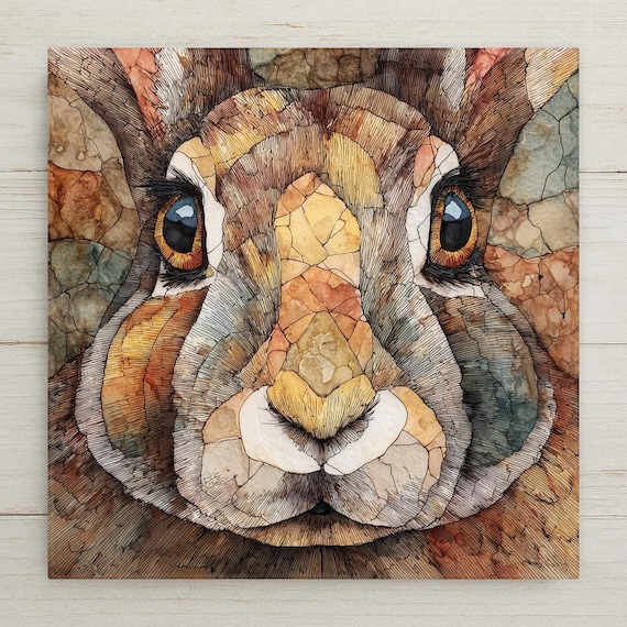 Art Nouveau Rabbit Ceramic Tile Woodland Animal Wall Art Stained Glass Nature Inspired Home Decor Rustic Cottage Accent Decorative Tile