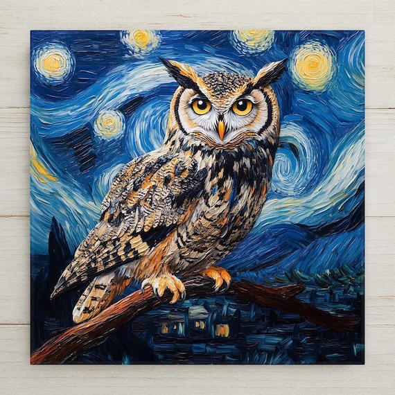 Owl Starry Night Ceramic Tile Art: Van Gogh Inspired Home Decor