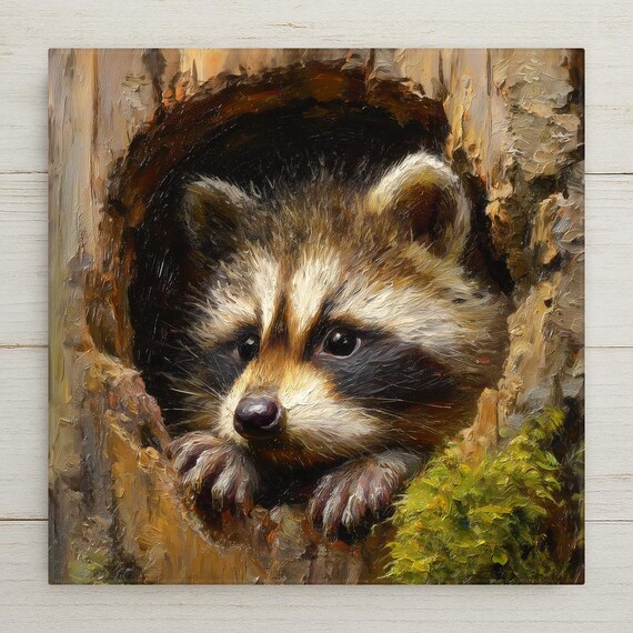 Raccoon Ceramic Tile Wall Art – Woodland Home Decor, Stained Glass Style Forest Raccoon Wall Decor, Rustic Cabin Nature Art Gift Tile