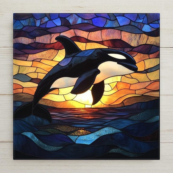 Orca Whale Ceramic Tile: Stained Glass Ocean Sunset Trivet