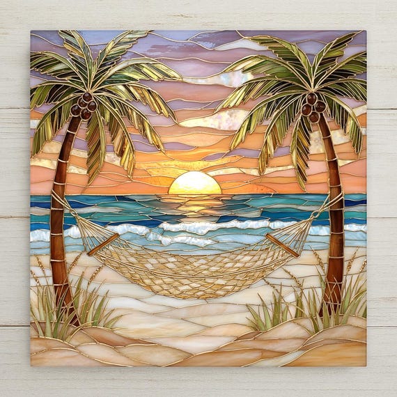 Coastal Sunset Wall Art Ceramic Tile – Tropical Beach Decor with Palm Trees and Hammock, Ocean Sunset Home Decor Gift