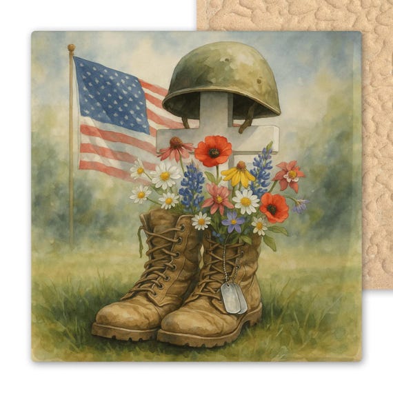 Veterans Memorial Day Ceramic Tile Art – Watercolor Boots Flowers Cross with Flag – Patriotic Military Wall Art Tribute Gift