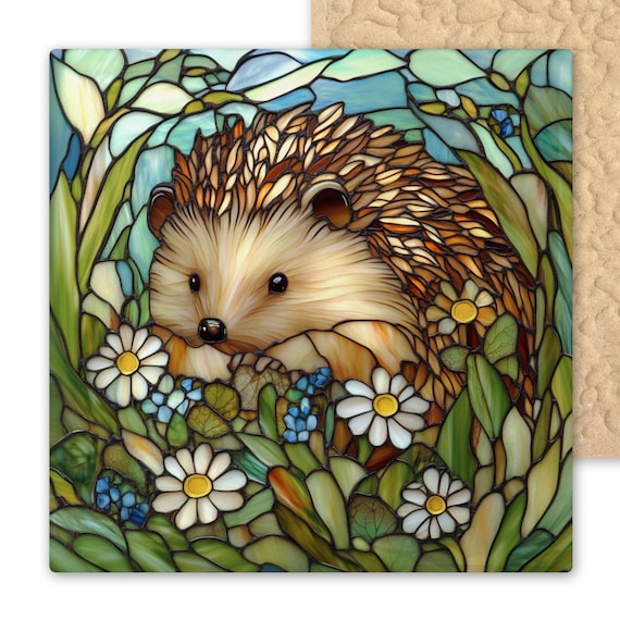 Handcrafted Stained Glass Hedgehog Ceramic Tile: Woodland Wall Art for Garden & Nature Lovers