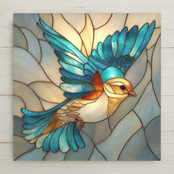 Blue Songbird Ceramic Tile Wall Art – Stained Glass Style Bird Decor, Cottagecore Nature Home Wall Decor