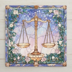 Libra Zodiac Ceramic Tile Art: Stained Glass Style Astrology Decor