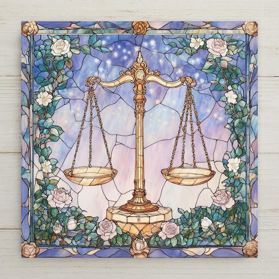 Libra Zodiac Ceramic Tile Art: Stained Glass Style Astrology Decor