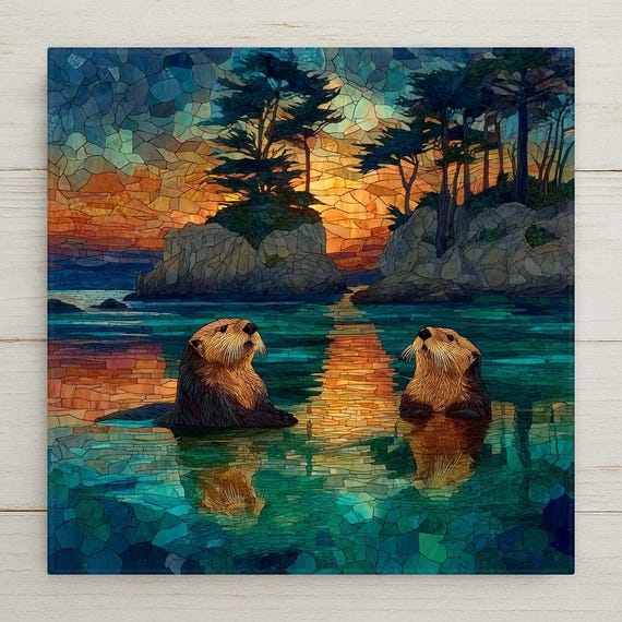 Monterey Bay Wall Art Ceramic Tile Stained Glass Style California Gift Coastal Wildlife Decor Place Identity