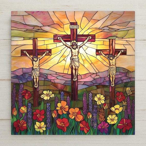 Stained Glass Style Three Crosses Tile Art: Christian Easter Decor