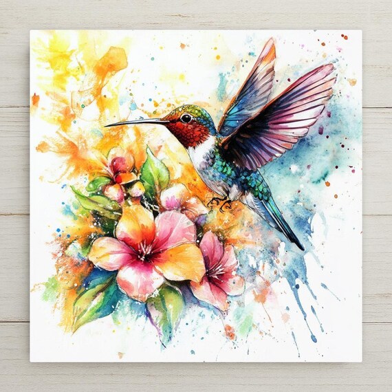 Vibrant Watercolor Hummingbird Ceramic Tile - Nature-Inspired Wall Art for Kitchen and Home Decor