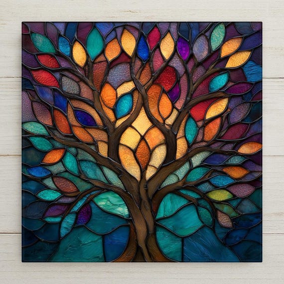 Tree of Life Ceramic Tile Wall Art - Stained Glass Style Symbolic Nature Decor, Colorful Meaningful Home Artwork
