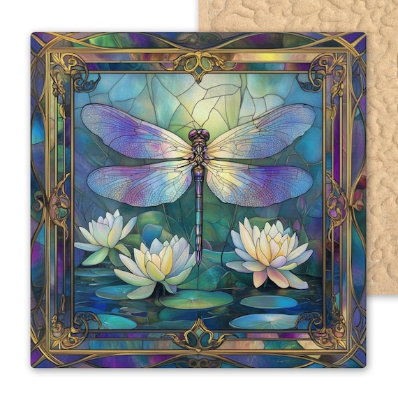 Iridescent Dragonfly Ceramic Tile: Art Nouveau Wall Decor with Water Lily Design, Stained Glass Style