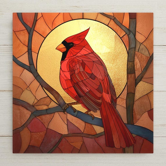 Cardinal Ceramic Tile Wall Art – Stained Glass Style Bird Art, Sunrise Home Decor, Rustic Nature Wall Decor, Gift for Bird Lovers
