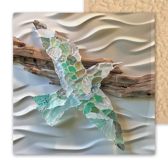 Sea Glass Bird Art Wall Hanging – Outdoor Nautical Decor with Driftwood, Coastal Beach House Wall Art, Ocean Inspired Mosaic Bird
