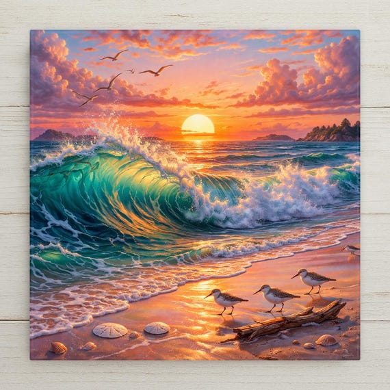 Sandpiper Beach Art Ceramic Tile Coastal Sunset Decor Shore Bird Gift Beach House Wall Art