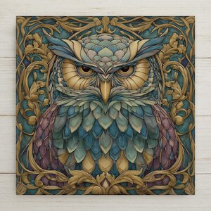 Art Nouveau owl ceramic tile wall art featuring a detailed owl with layered feathers, botanical framing, and stained glass–style colors in teal and gold. Nature-inspired home decor printed permanently on ceramic tile. Optional tile wall hanger, easel tile stand, cork backing, and premium frame available.