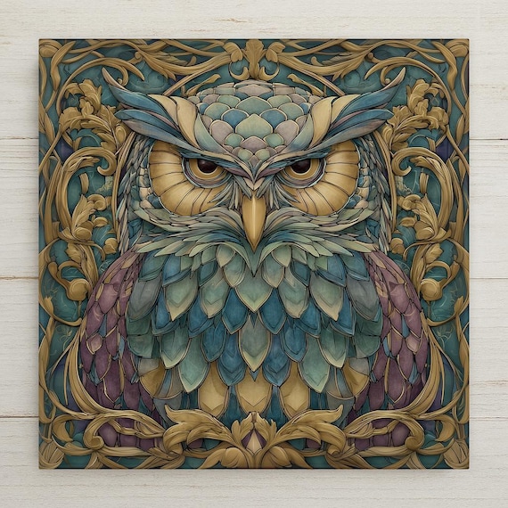 Art Nouveau Owl Ceramic Tile Wall Decor - Stained Glass Style Botanical Woodland Nature Gift