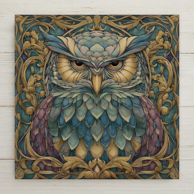 Art Nouveau owl ceramic tile wall art featuring a detailed owl with layered feathers, botanical framing, and stained glass–style colors in teal and gold. Nature-inspired home decor printed permanently on ceramic tile. Optional tile wall hanger, easel tile stand, cork backing, and premium frame available.