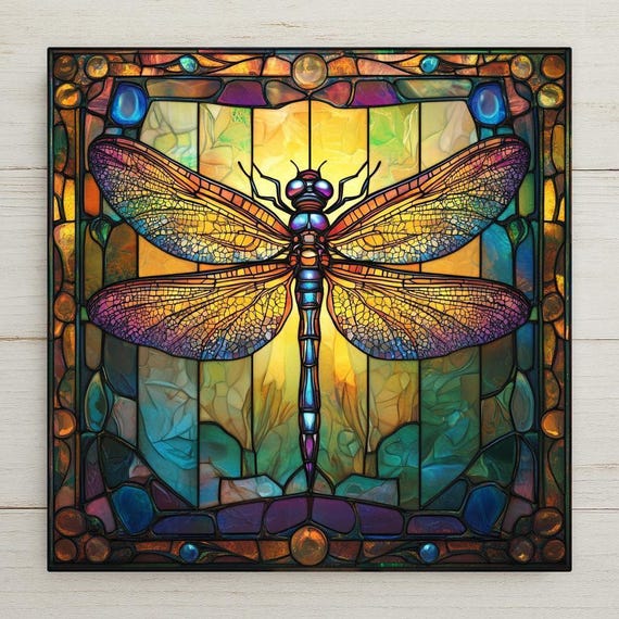 Dragonfly Ceramic Tile: Art Nouveau Stained Glass Decor