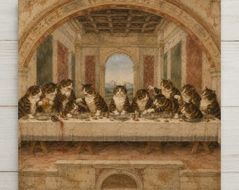 May include: A square wall art print depicting a group of brown tabby cats sitting at a long dining table in a grand hall. The scene features an arched architectural background, a white tablecloth, plates, and goblets, rendered in muted earth tones.