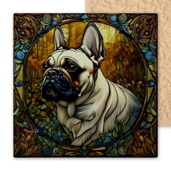 French Bulldog Ceramic Tile Wall Art - Art Nouveau Alphonse Mucha Inspired Dog Lover Gift Boho Home Decor Trivet Coaster Accent