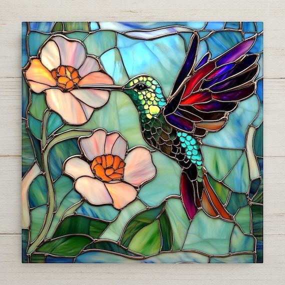 Vibrant Stained Glass-Style Hummingbird Ceramic Tile - Handmade Floral Wall Art for Garden Lovers