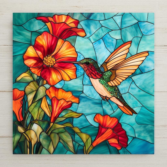 Hummingbird Wall Art Ceramic Tile Red Trumpet Vine Hummingbird Gift Bird Lover Art Kitchen Decor Nature Gift Tile
