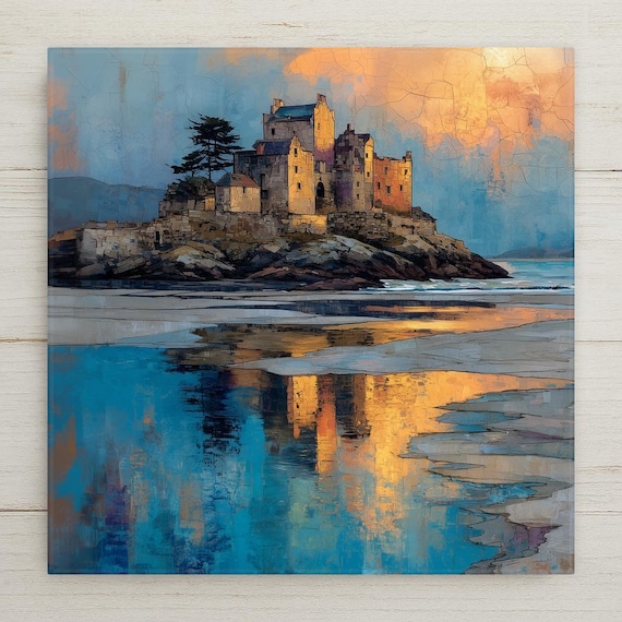 Eilean Donan Castle Ceramic Tile Wall Art – Scottish Castle Wall Decor, Stained Glass Style Home Decor, Coastal Fantasy Art