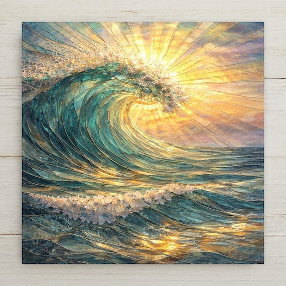 Ocean Wave Coastal Wall Art Ceramic Tile – Sunlit Sea Wave, Nature Inspired Stained Glass Style, Home Decor
