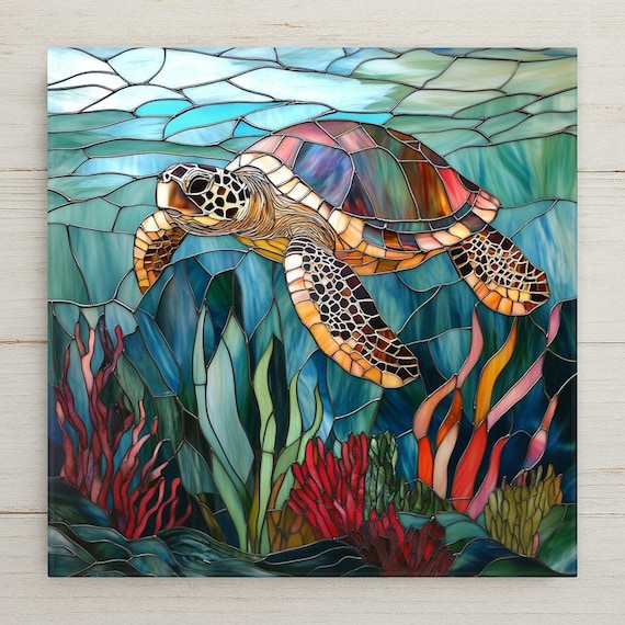 Stained Glass Style Sea Turtle Ceramic Tile Art: Coastal Wall Decor