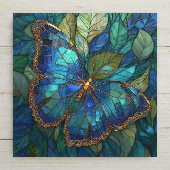 Blue Butterfly Ceramic Tile Wall Art – Stained Glass Style Nature Design, Elegant Home Decor, Botanical Wall Decor Gift for Butterfly Lovers