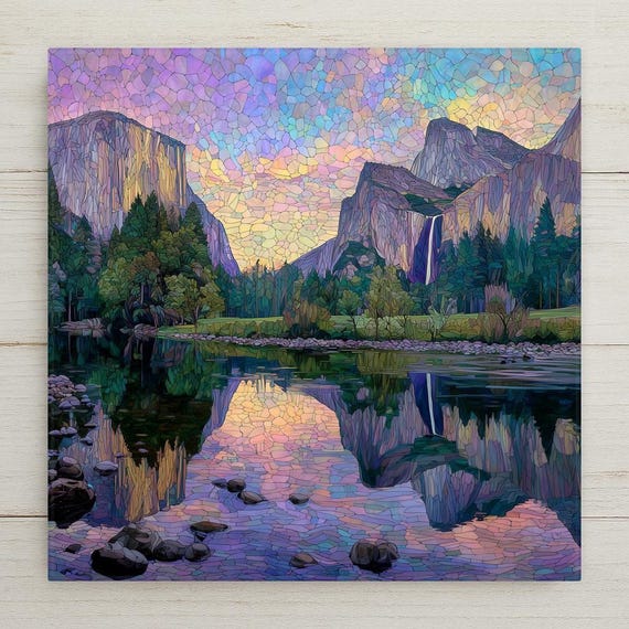 Yosemite Valley Ceramic Tile Art: El Capitan & Bridalveil Falls Stained Glass Landscape Decor