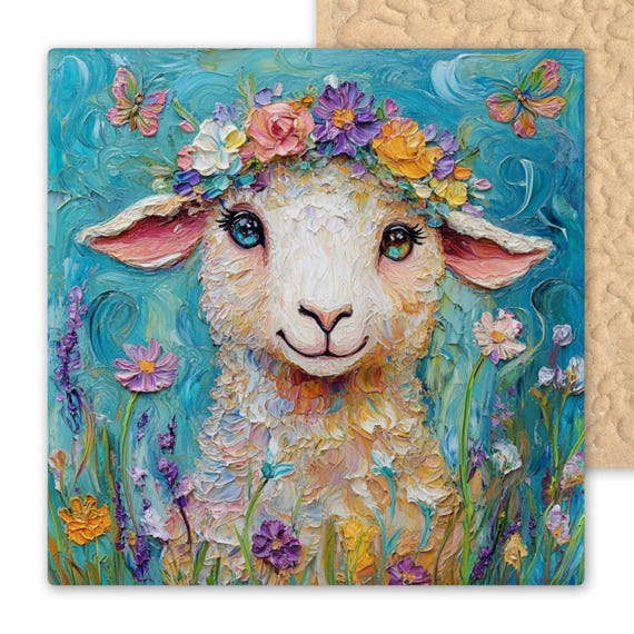 Whimsical Ceramic Lamb Tile with Flower Crown - Colorful Farmhouse Nursery Wall Art Decor
