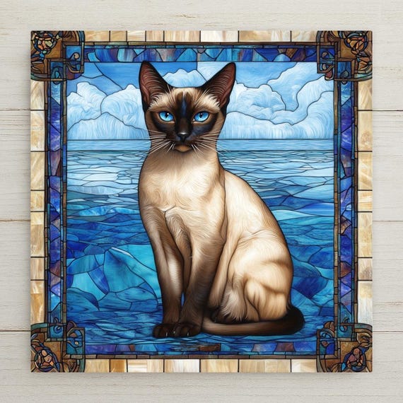 Siamese Cat Art Ceramic Tile: Stained Glass-Inspired Home Decor Gift