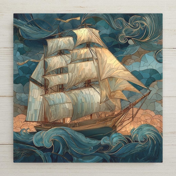 Nautical Tall Ship Ceramic Tile: Stained Glass Style Coastal Wall Art