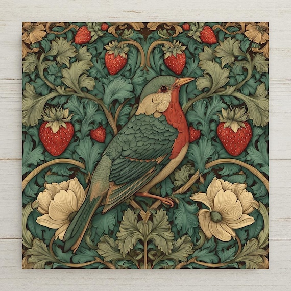 Art Nouveau Songbird Botanical Wall Art Ceramic Tile – Nature Inspired Stained Glass Style, Home Decor