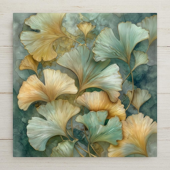 Botanical Ginkgo Wall Art Ceramic Tile – Nature Inspired Stained Glass Style, Home Decor