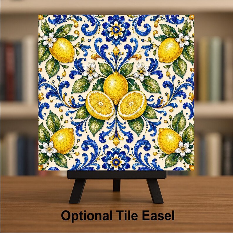 Puede incluir: Un azulejo cuadrado de cer&aacute;mica con un patr&oacute;n repetitivo de limones amarillo brillante, hojas verdes y flores blancas sobre un fondo crema con intrincados adornos en azul y dorado. El azulejo se exhibe sobre un caballete de metal negro.