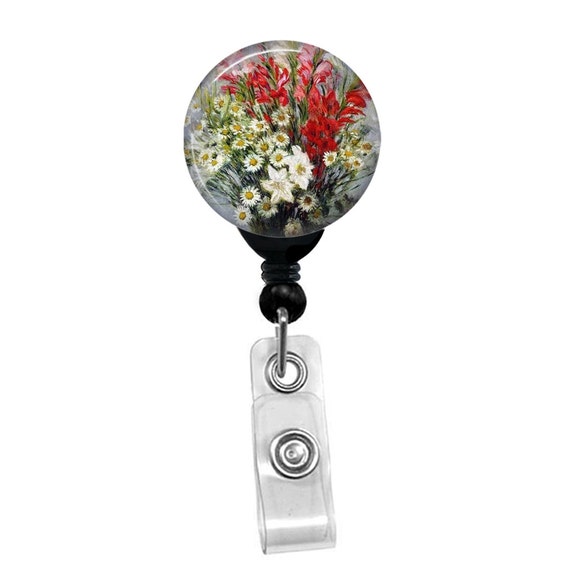 Claude Monet Red Gladiolas Daisies Badge Reel Floral Art ID Holder for Nurses Teachers Artistic Retractable Clip Custom Name Tag