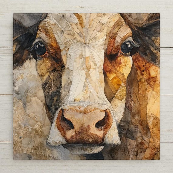 Cow Ceramic Tile Wall Art – Stained Glass Farm Cow Portrait, Rustic Farmhouse Decor, Country Home Decor Wall Art Gift